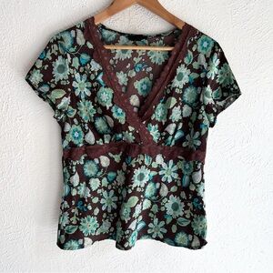 AGB Y2K Floral Lace Trim Empire Waist Top Brown & Teal Large
